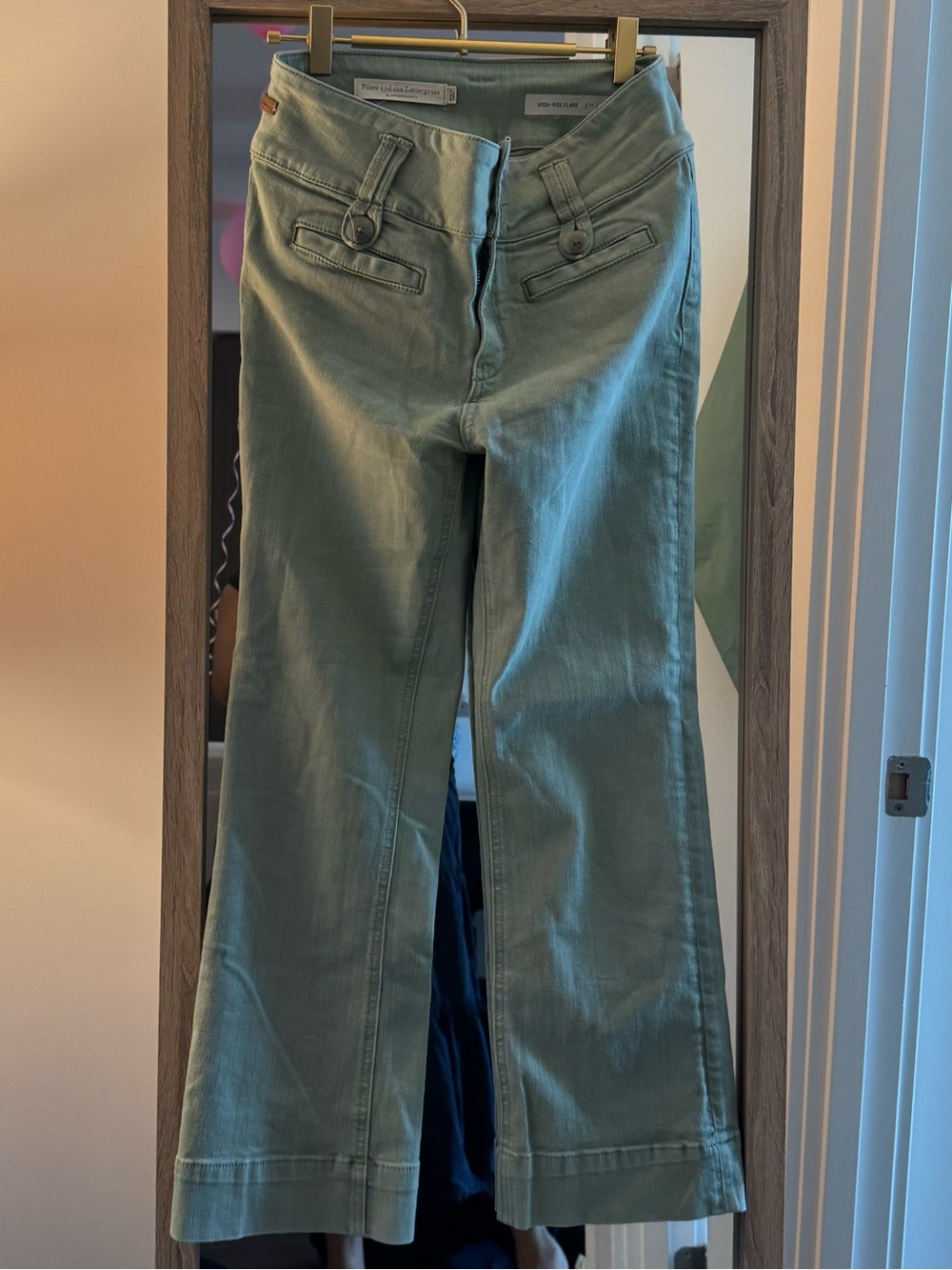 Pilcro and the Letterpress Muted Sage Green High-Rise Flare Jeans